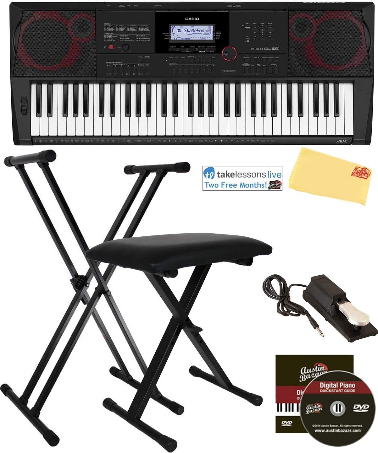 Casio CT-X3000 61-Key Keyboard Bundle with Adjustable Stand, Bench, Sustain Pedal, Online Lessons, Instructional DVD, and Austin Bazaar Polishing Cloth