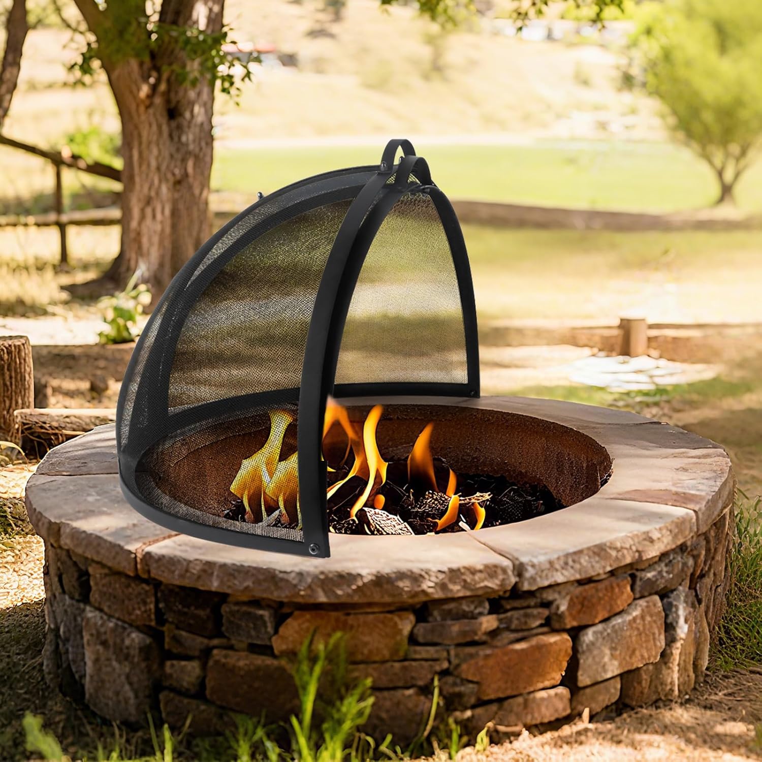 Kodilin Fire Pit Screen 36 Inch Round Fire Pit Spark Screen with Tight-Weave Steel Mesh, Heavy-Duty Firepit Screen Cover Ember Lid with Hinge & Handles for Easy Access and Safe Outdoor Fire Burning