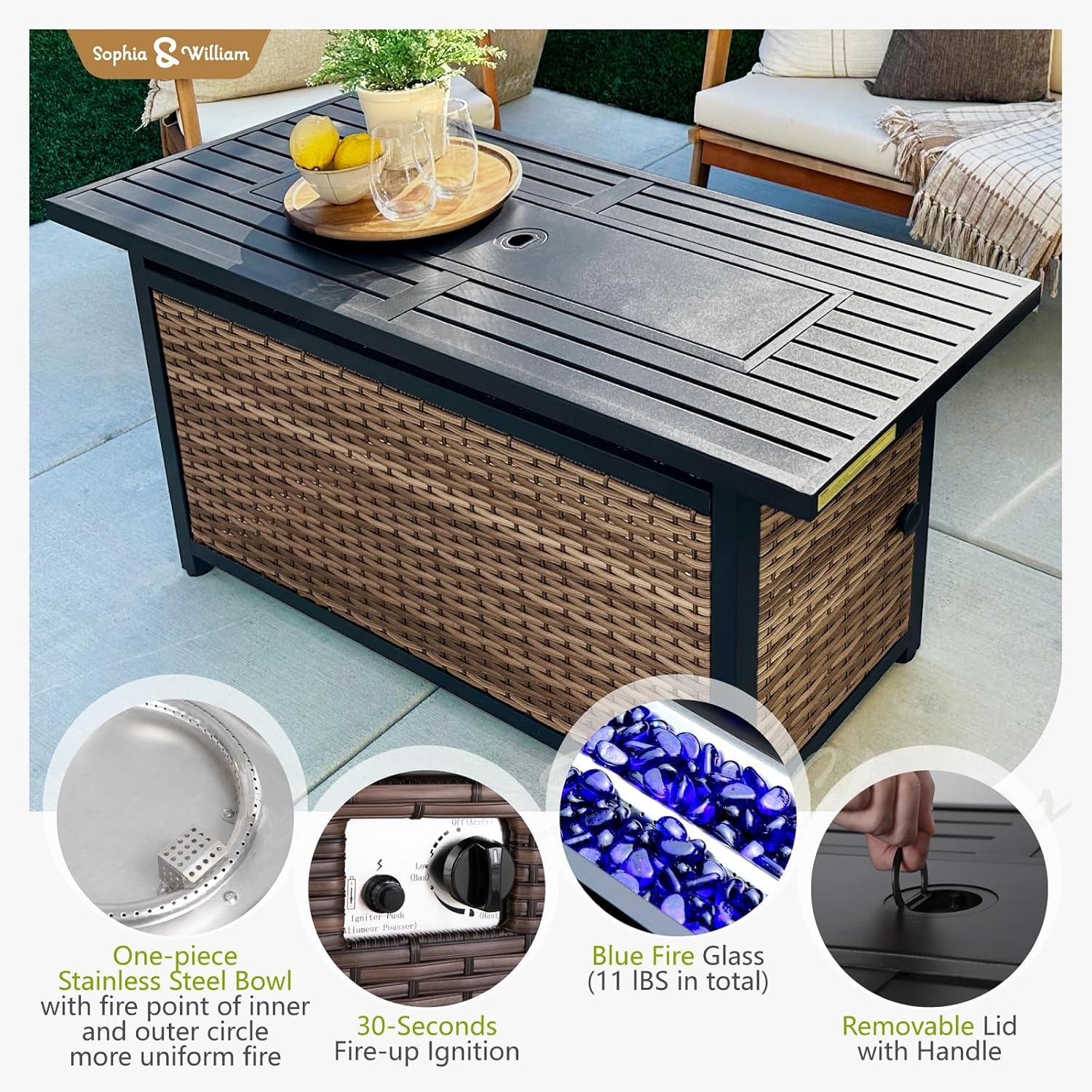 Sophia & William Patio Furniture Set with Fire Pit Table, 10 Piece Half Moon Outdoor Wicker Sectional Sofa Set, Rattan Conversation Set with 56-Inch Fire Pit Table for Backyard, Deck, Pool(Beige)