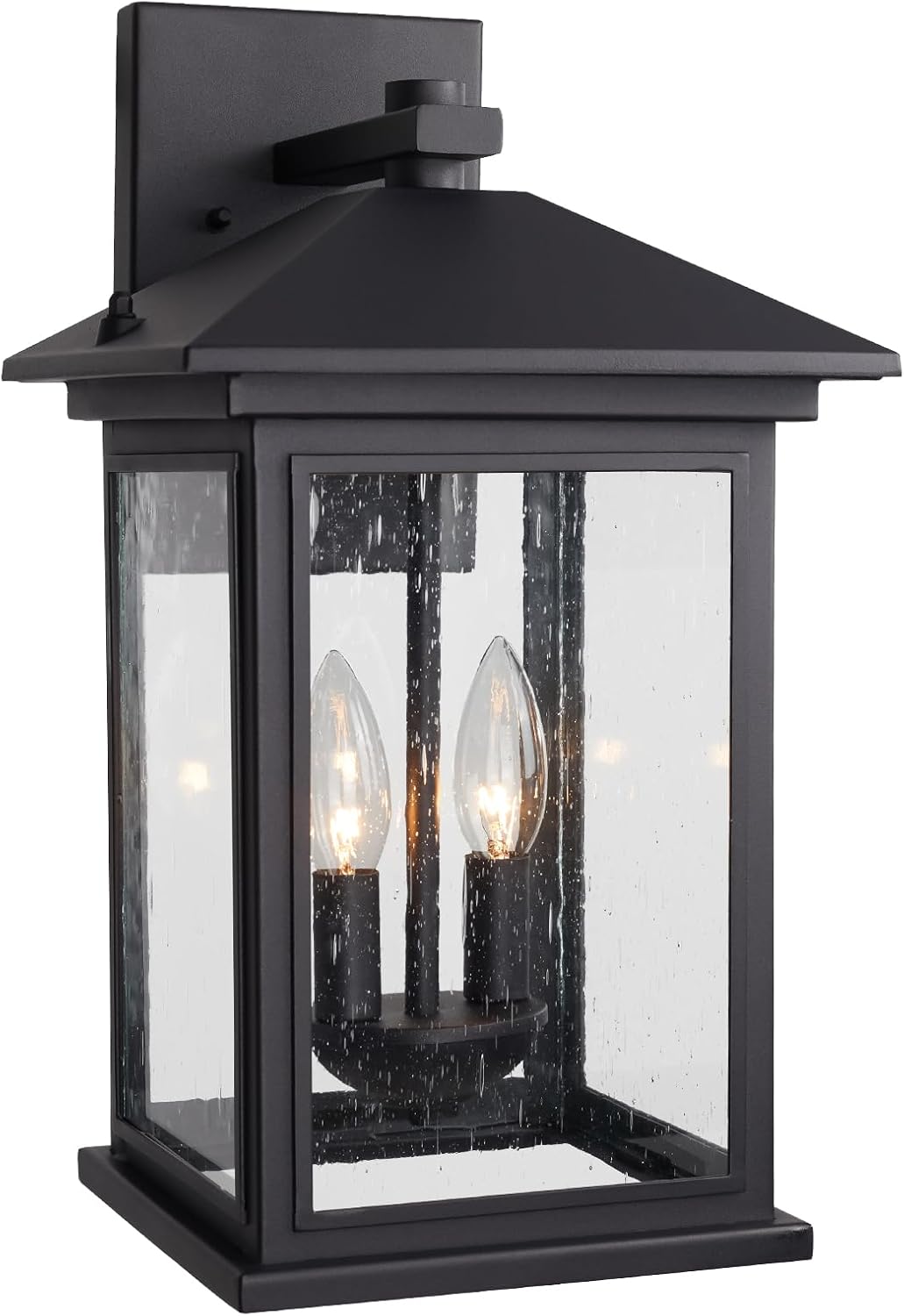 Outdoor Wall Light Fixtures, 16 Inch Waterproof Square Lanterns, 2-Light Exterior Porch Sconces Lighting with Seeded Glass Shade, Modern Black Lamps for Patio Front Door Entryway