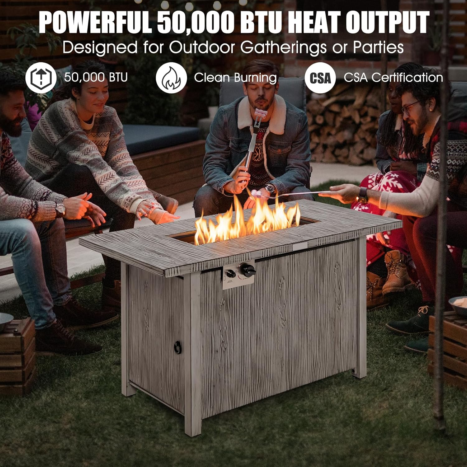 HAPPYGRILL 43” 50,000 BTU Outdoor Propane Fire Pit Table, Pulse Ignition Gas Fire Table with Lid, Protective Cover and Lava Rocks, Gas Fire Pit Table for Backyard Garden Patio