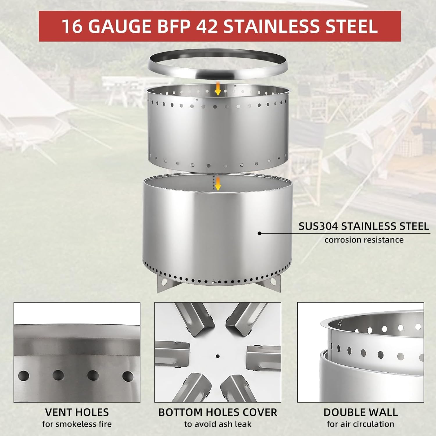 27 Inch Stainless Steel Smokeless Outdoor Fire Pit, Burning Wood, Particles,Coal, Removable Stand and Ash Pan, Perfect for Bonfire, Camping, Picnic, Family Gatherings for Garden