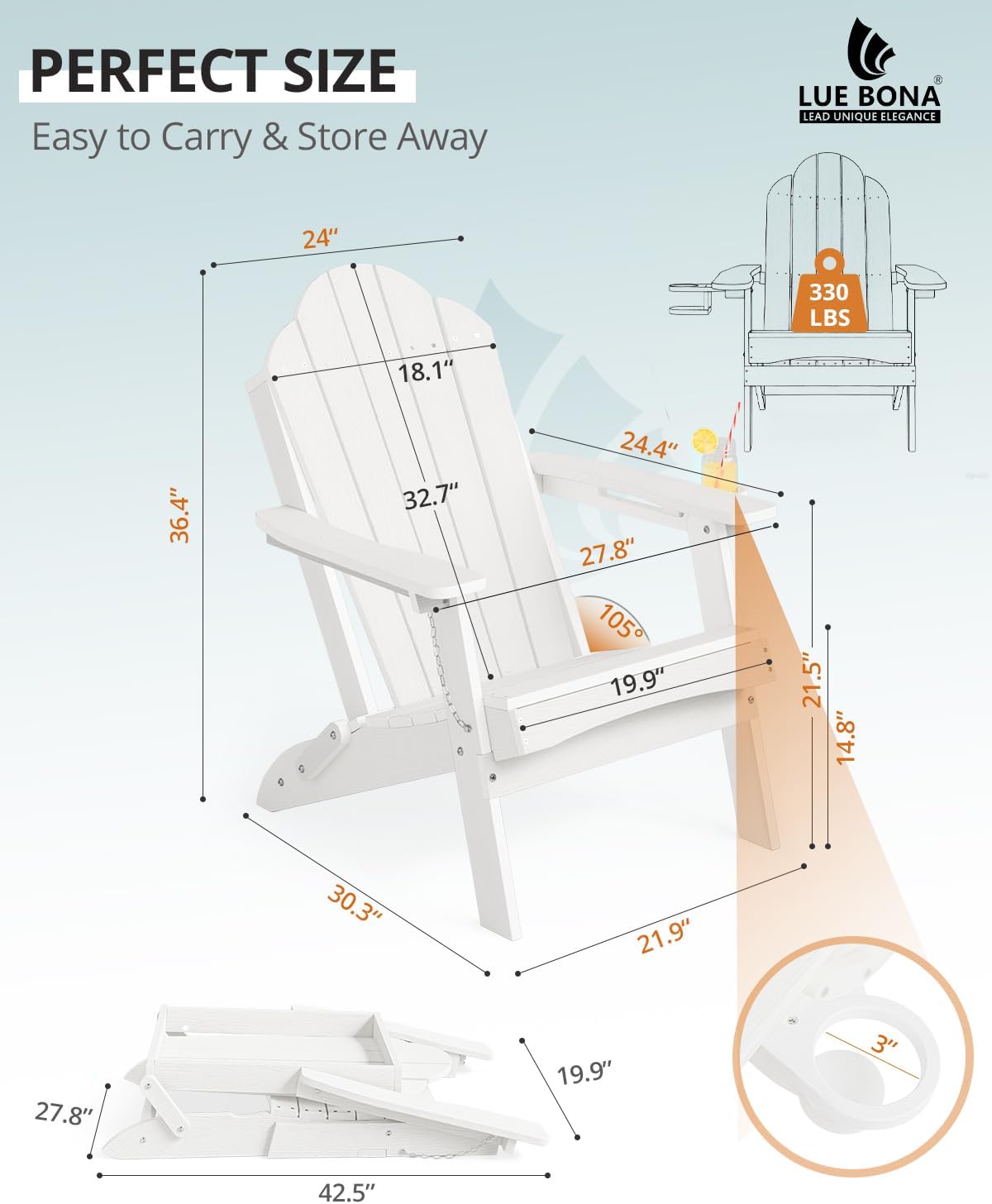 LUE BONA Folding Adirondack Chair, Chairs Set of 4, Cup Holder, Woodgrain, Fire Pit, Patio, Pool, White