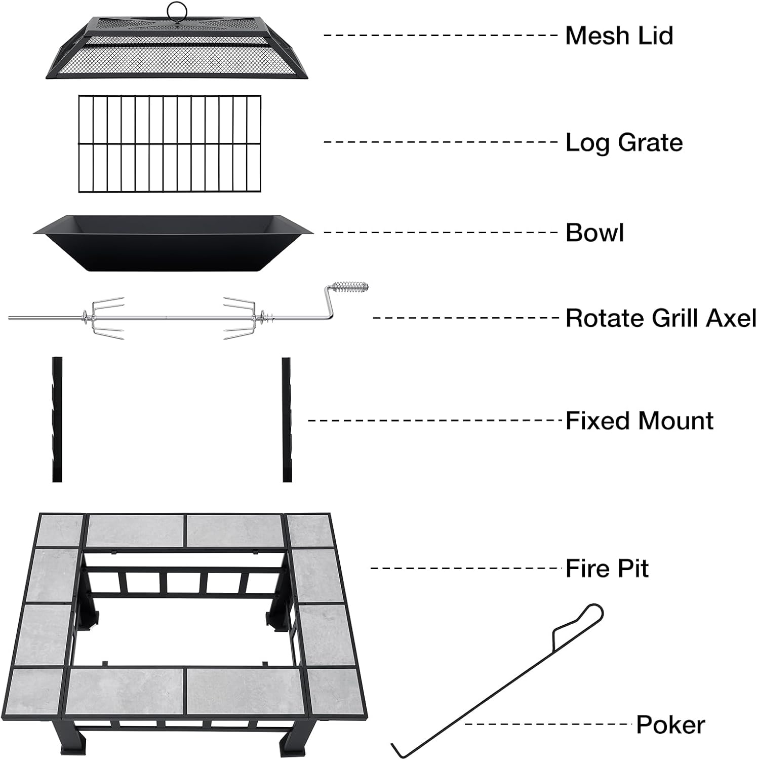 Fire Pit Table for Outside 37 Inch Square Firepits with Grill Large Wood Burning Heavy Duty Steel BBQ Bonfire Pit Outdoor Cooking with Spark Screen Log Grate Poker for Backyard Garden Camping