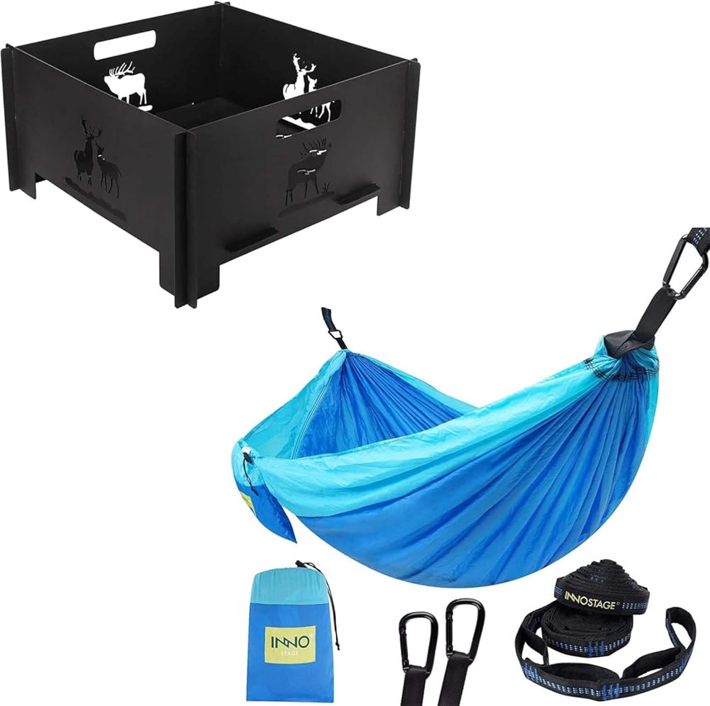Portable Fire Pit and Blue Double Camping Hammock