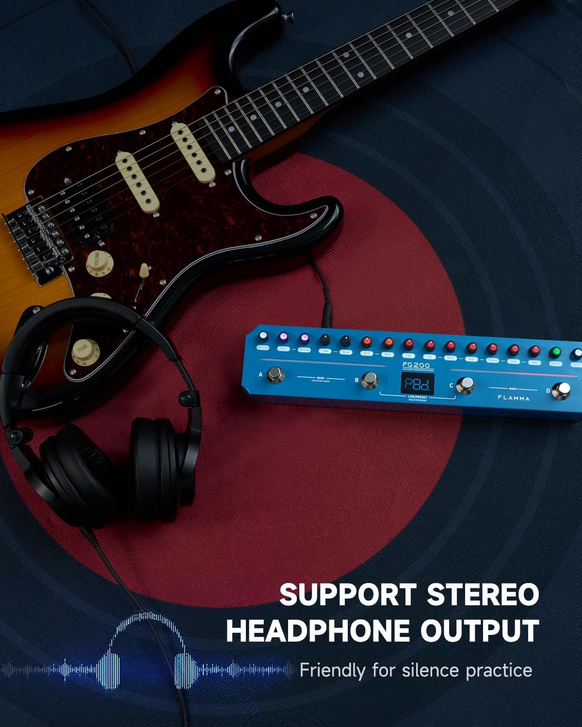 FLAMMA FG200 Intelligent Multi-Effects Guitar Pedal with 52 AMP Models 5 BOOST Models 16 CAB Simulations 7 Effects Modules 9 IR Slots 40 Presets 40 Rhythm Styles Support APP OTG