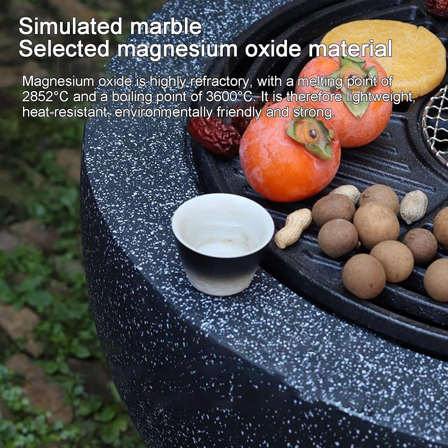 17in Round Fire Pit Combo, Outdoor Charcoal Stove, Hibachi Grill Outdoor with Marble, with Steel Bracket, for Barbecue, Outside Patio, Bonfires and Heating(White)