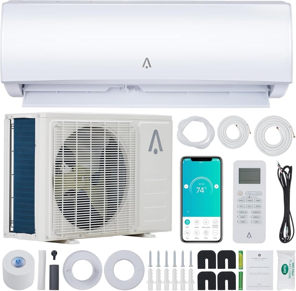 11500 BTU Wifi Enabled Mini Split Air Conditioner & Heater, 17 SEER2 208/230V Inverter Ductless Wall AC Unit with Pre-Charged Condenser, Heat Pump & Installation Kit