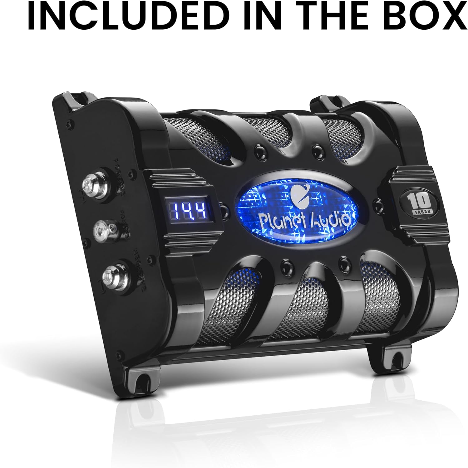 Planet Audio PC10F Car Capacitor - 10 Farad, Energy Storage, Enhance Bass from Stereo, Warning Tones, LED Voltage Meter