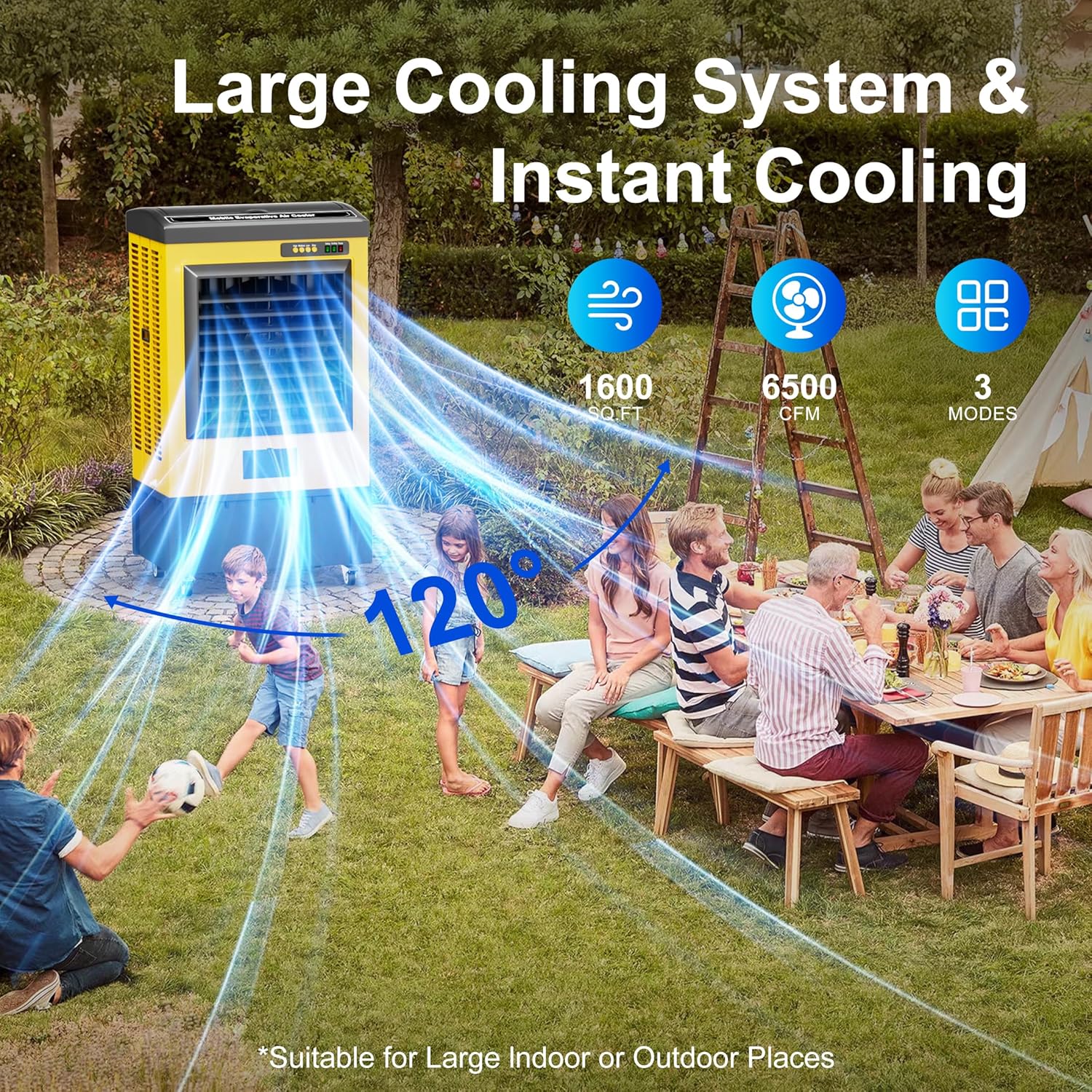 AKIRES 6500CFM Swamp Coolers,Evaporative Air Cooler for 1600Sq.ft of Space,with Continuous Auto Fill,19-Gal Water Tank,120°Oscillation,5 Ice Packs,Cooling Fan for Outdoor,Indoor Yellow(48IN)