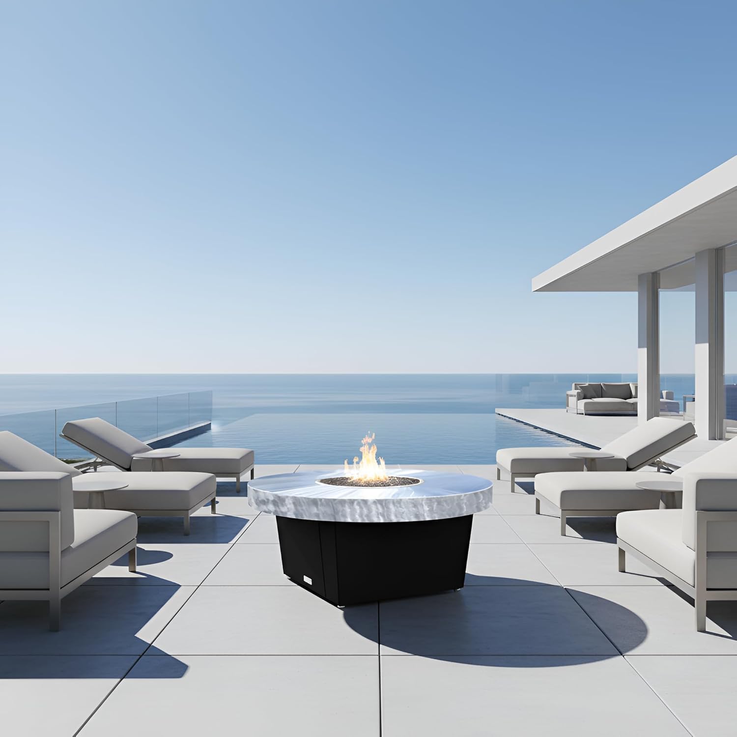 COOKE Parkway Circular Fire Pit Table - 48 Diam - Natural Gas - Brushed Aluminum Top - Black Powdercoat Base