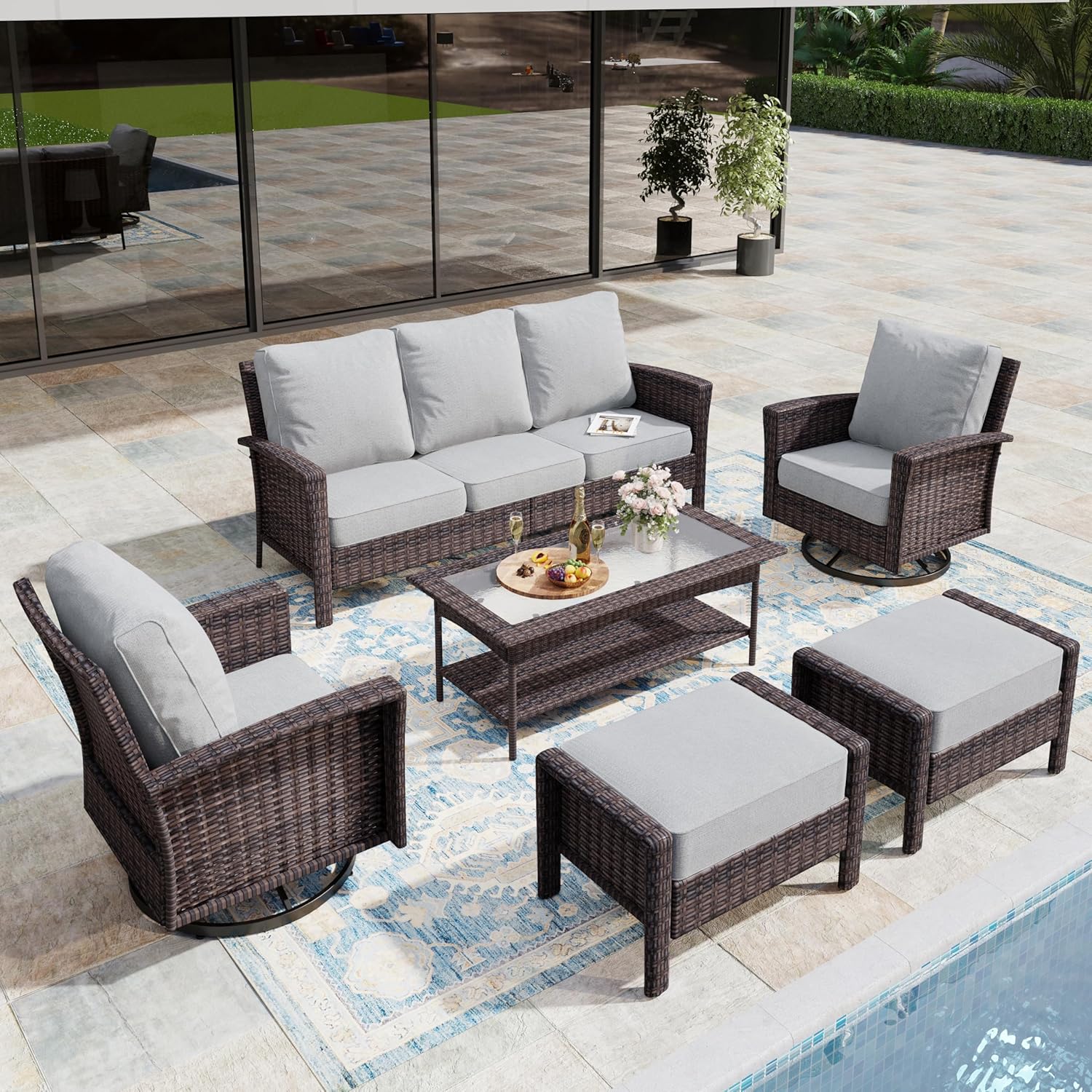 6-Piece Wicker Patio Furniture Set with Swivel Chairs, High Back Outdoor Furniture with 5.5-inch Thick Cushion and Ottoman, All-Weather Wicker Patio Conversation Set for Deck Yard Pool, Grey