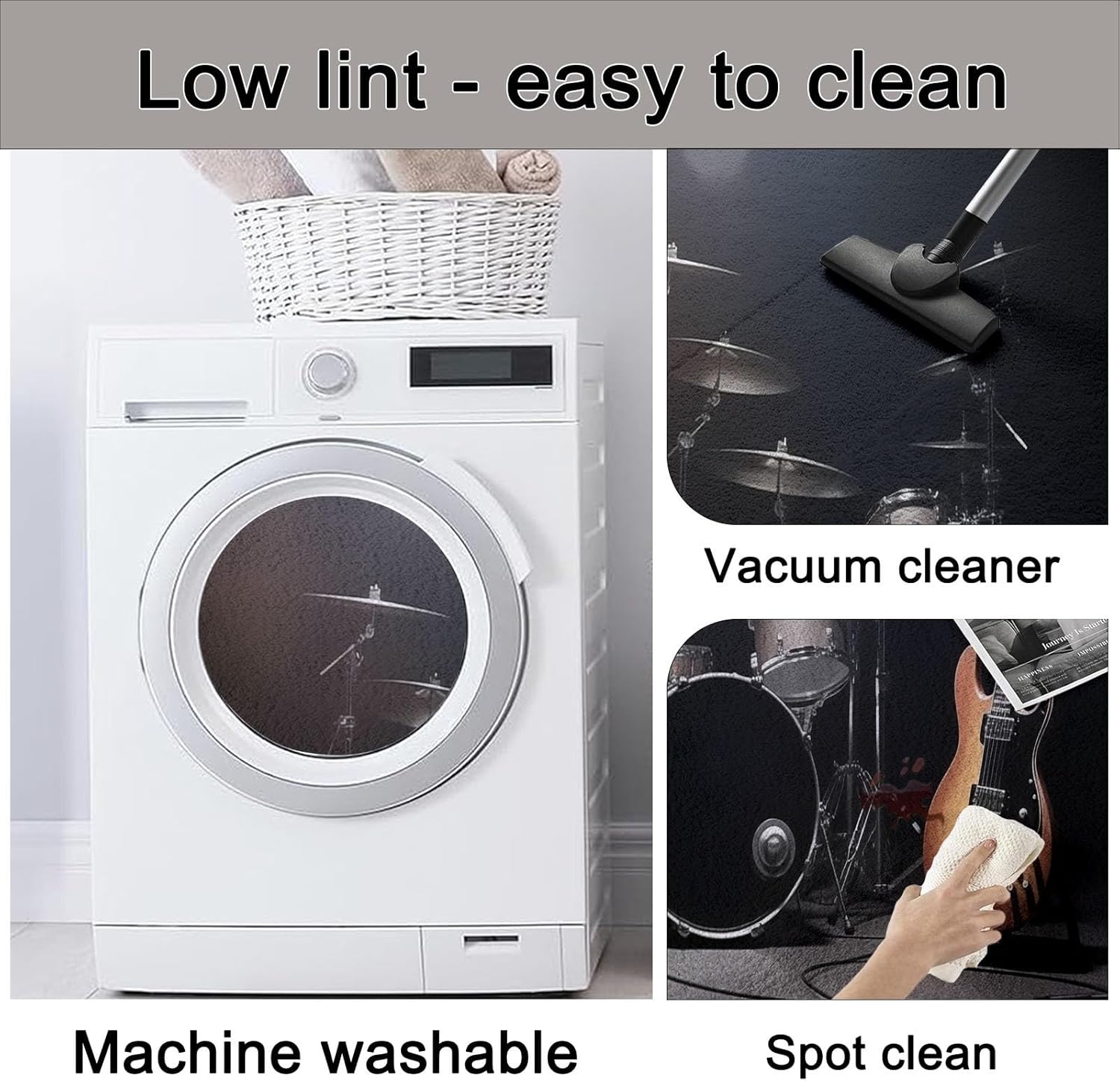 Round Area Rugs Modern Drums Electric Guitar Pattern, Black Non-Skid Lightweight Washable Area Rugs - 5 ft Soft Durable Circle Carpet for Bedroom Living Room Baby Room Nursery Bathroom Home Decor