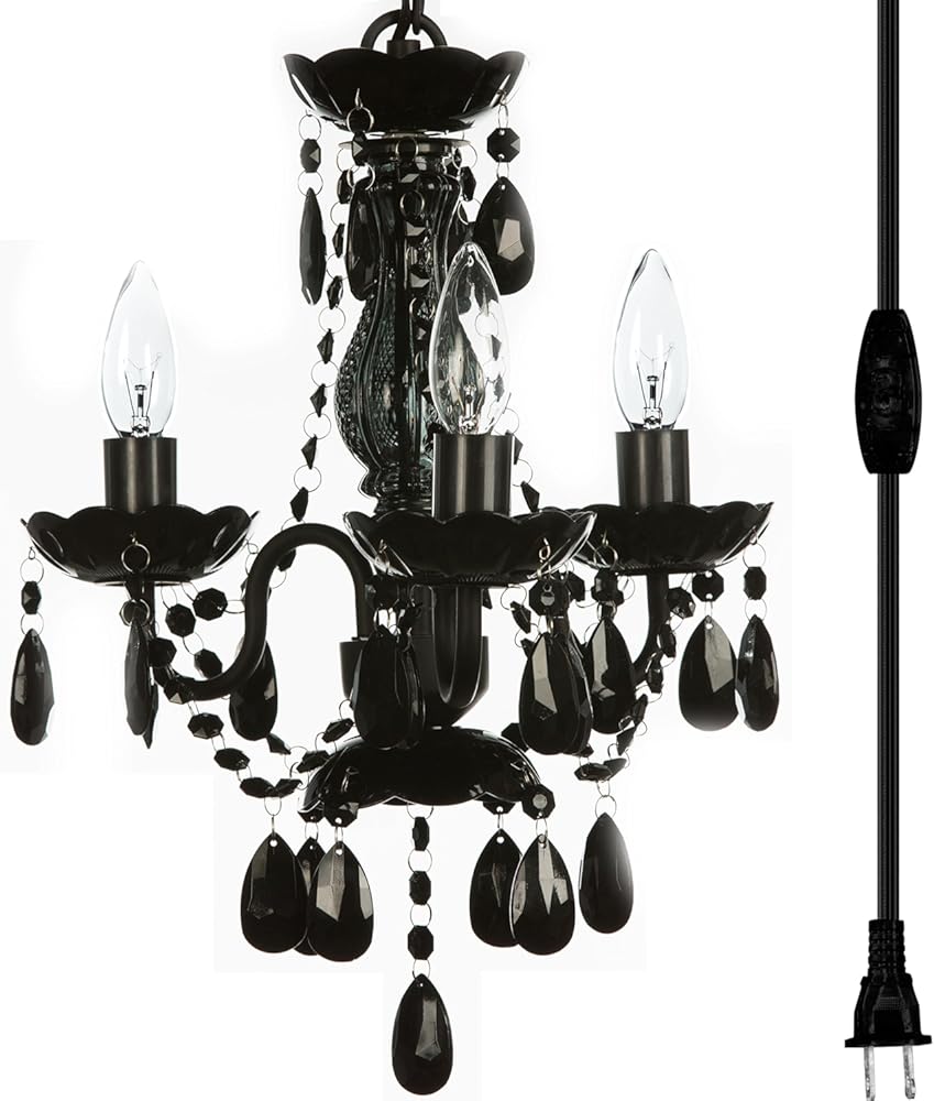 gypsy color The Original Brink House Plug-in 3 Light Black Hanging Swag Chandelier H17”xW12”, Black Metal Frame, Glass Stem and Acrylic Crystals