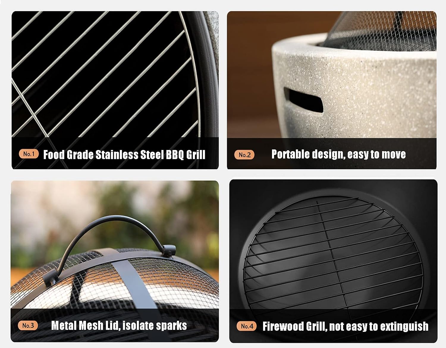 Outdoor Fire Pit Garden Wood Burning Fire Pit BBQ Grill Table, Outdoor Wood Burning Fire Bowl with Spark Screen Cover and Poker, 60cm