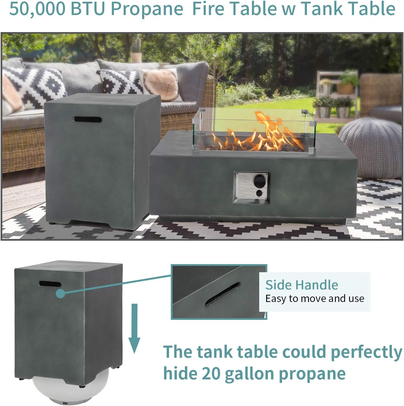 SUNBURY Outdoor Propane Fire Pit, Square Dark Green Gas Fire Pit 50,000 BTU, Fire Pit Table w 20 Gallon Tank Cover, Glass Wind Guard, Waterproof Cover, Without Fire Glass
