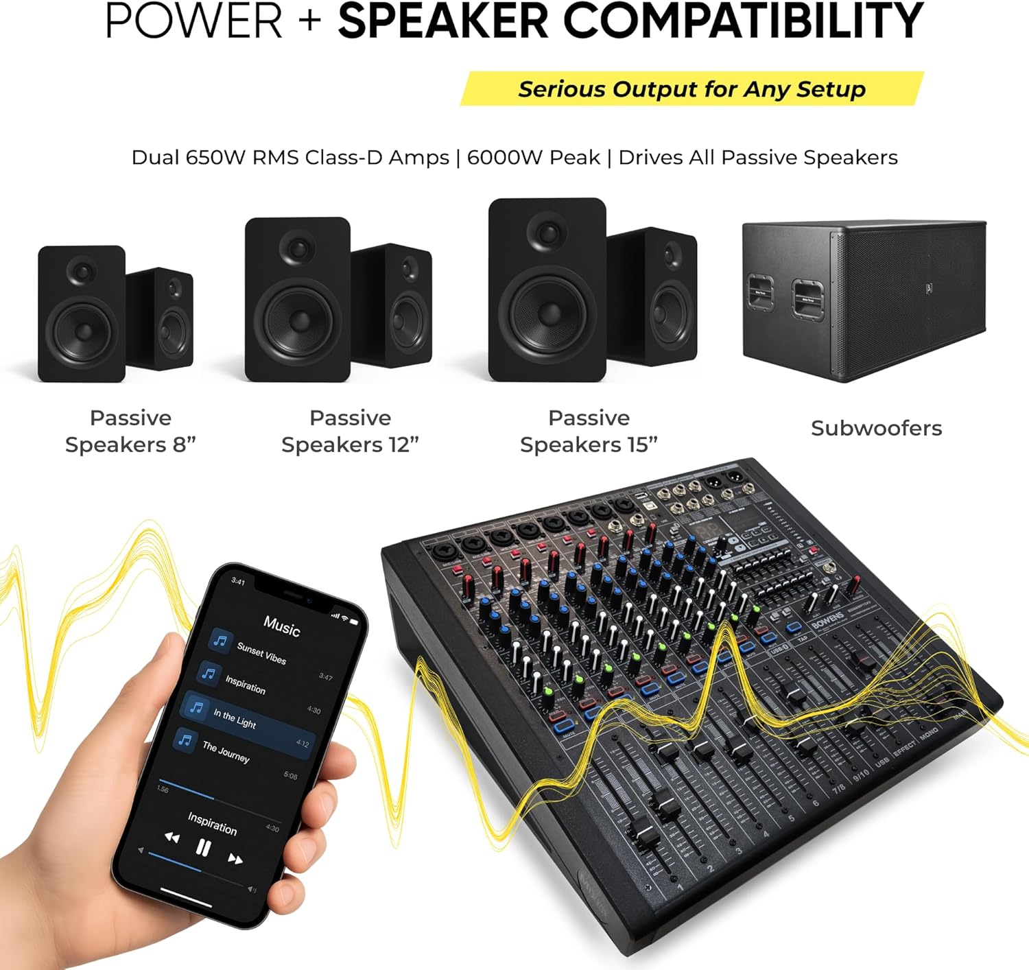 BOWENS PRO 6000W 11-Channel Powered Mixer | Professional Audio Mixer with Dual Class-D 650W RMS Amplifiers, 99 DSP Effects, USB Recording & Playback, Bluetooth 5.0, 3-Band EQ & Compressor