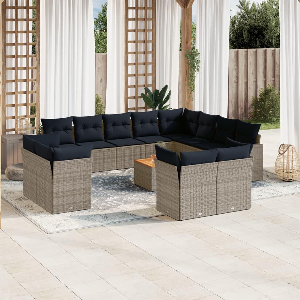 13 Piece Patio Sofa Set, Gray Poly Rattan Outdoor Furniture with Cushions, Acacia Wood Tabletop, Modular Design for Backyard, Terrace