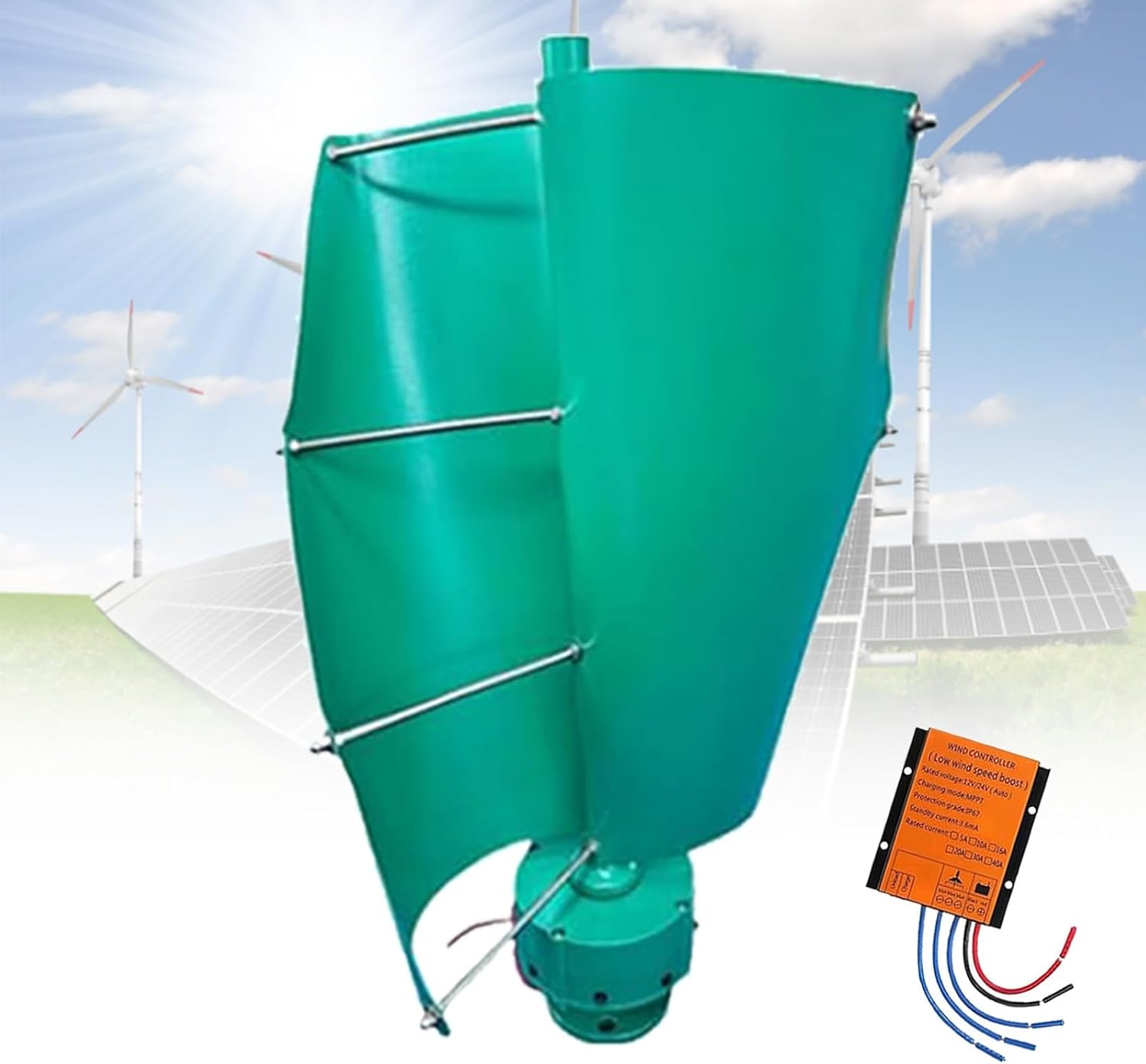 14000W Vertical Wind Turbine Generator Kit, 12V/24V/48V Portable 2-Blade Helix with Charge Controller, Ideal for Marine, RV, Home & Industrial Energy Solutions (Teal, 24)