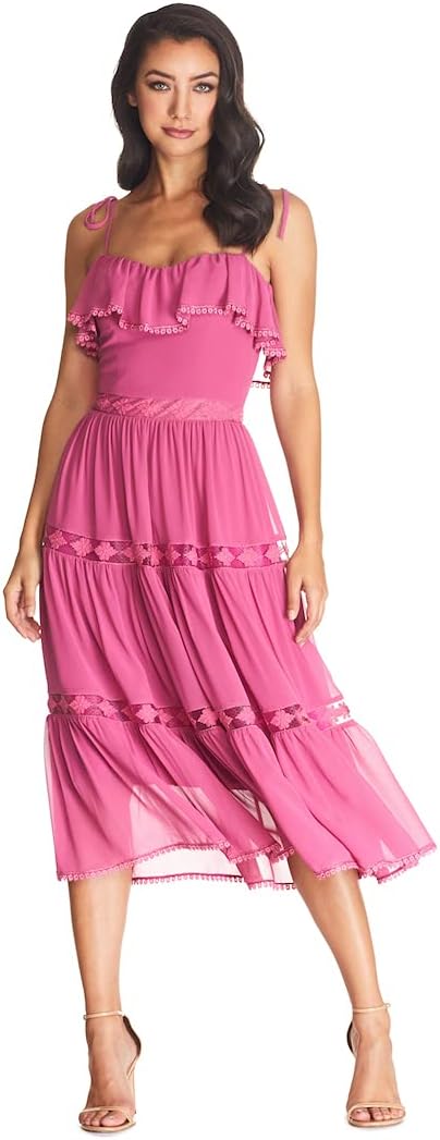 Dress the Population Women's Dream Sleeveless Ruffle Bodice Lace Insert Tiered Skirt Midi Dress