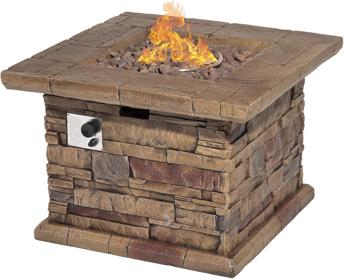 AQUILLA Outdoor Fire Pit w Stone Imitation Surface, 32 inch Square Table, 50,000 BTU Stainless Steel Burner, Free Lava Rocks, 20 Gal Propane Tank Could Set Inside (exclude) for Backyard