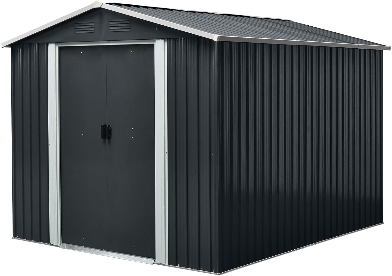8 x 10 FT Outdoor Storage Shed, Lockable Metal Garden Shed with Meatl Foundation & Air Vents, Tool Shed Tiny House Vertical Outside Storage Building for Backyard, Lawn, Patio, Black