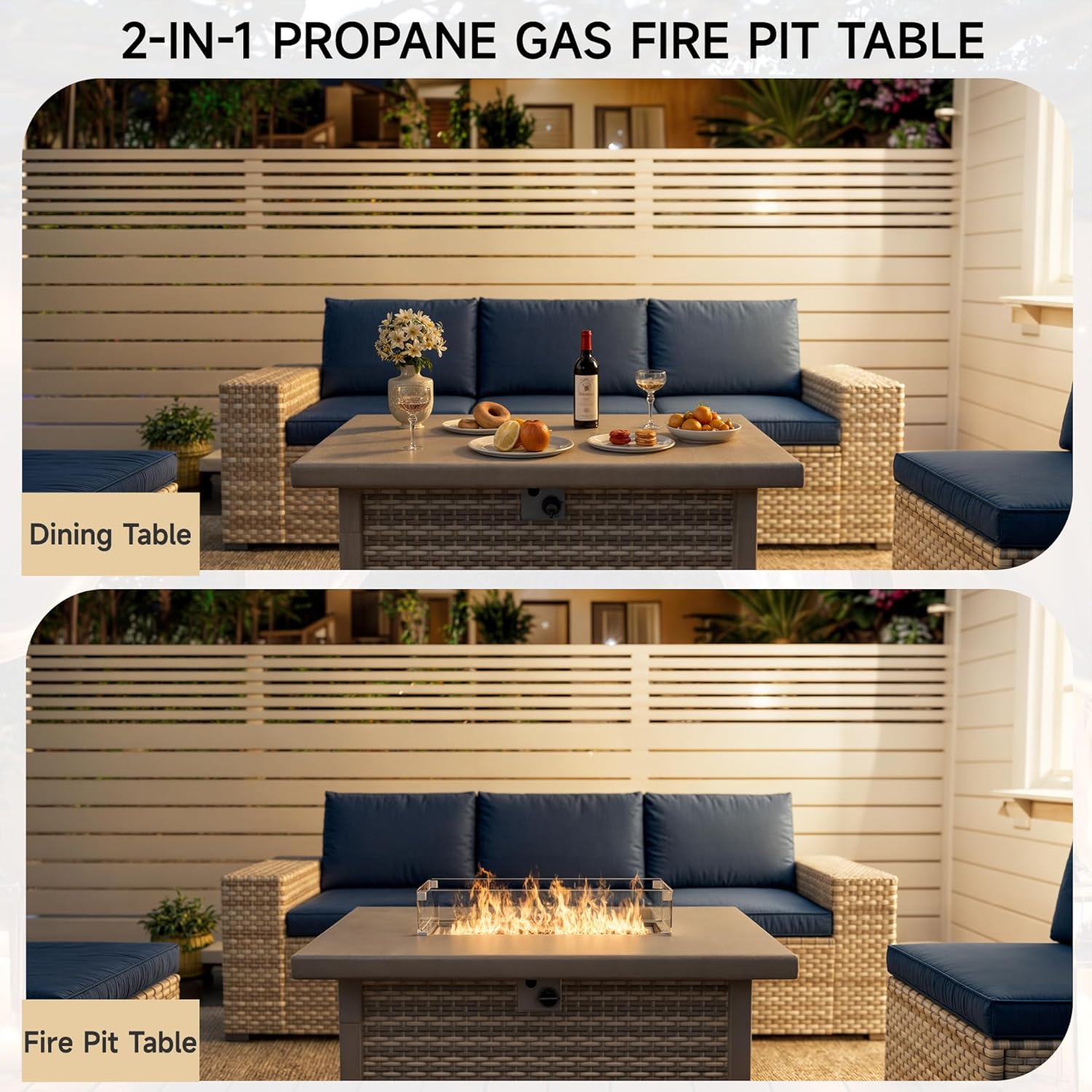 Rattan Fire Pit Table,40.5-inch Rectangle Grey Outdoor Companion,60000 BTU Auto-Ignition w Glass Wind Guard,Internal 20lb Propane Tank, Dust Cover (Grey, Rattan)