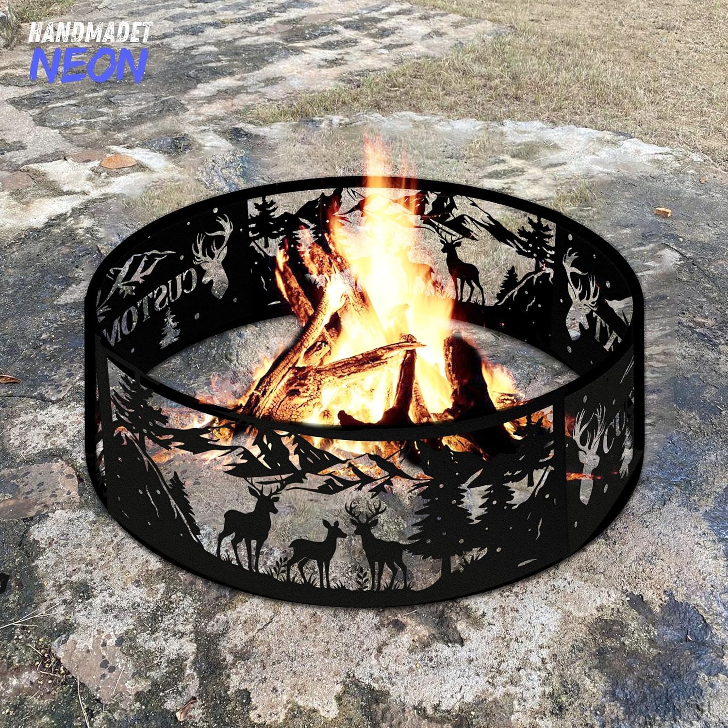 Personalized Fire Pit Ring 360 Degree, Outdoor Fireplace, Custom Text Fire Pits for Outside, Patio Firepit, Camping Bonfire Firepits, Garden BBQ Backyard Decor (Deer)