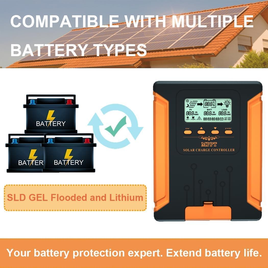 SolaMr 100A 180V MPPT Solar Charge Controller 12V/24V/36V/48V, LCD Screen Solar Panel Controller for Gel Sealed Flooded and Lithium LiFePO4 Battery (CM100A)