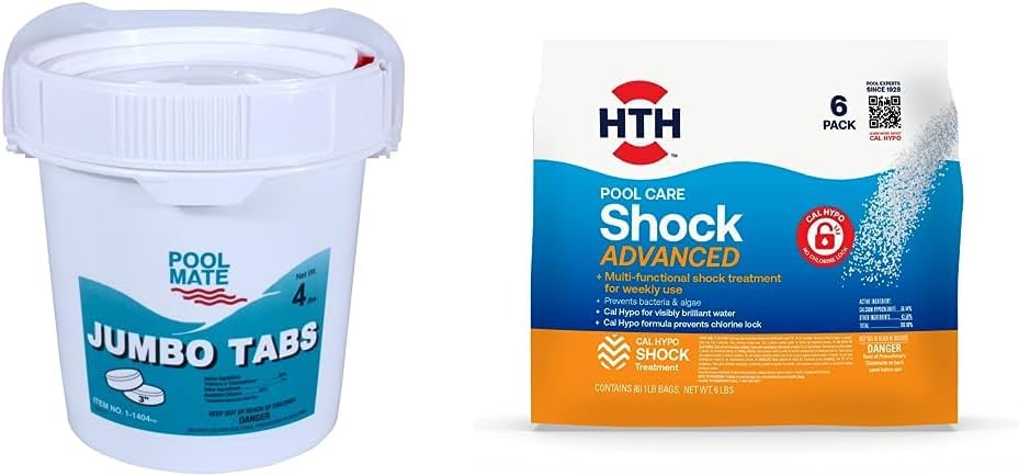 Pool Mate Chlorine Tabs (4 lbs) + HTH Shock Advanced Swimming Pool Chemical (6 Pack)