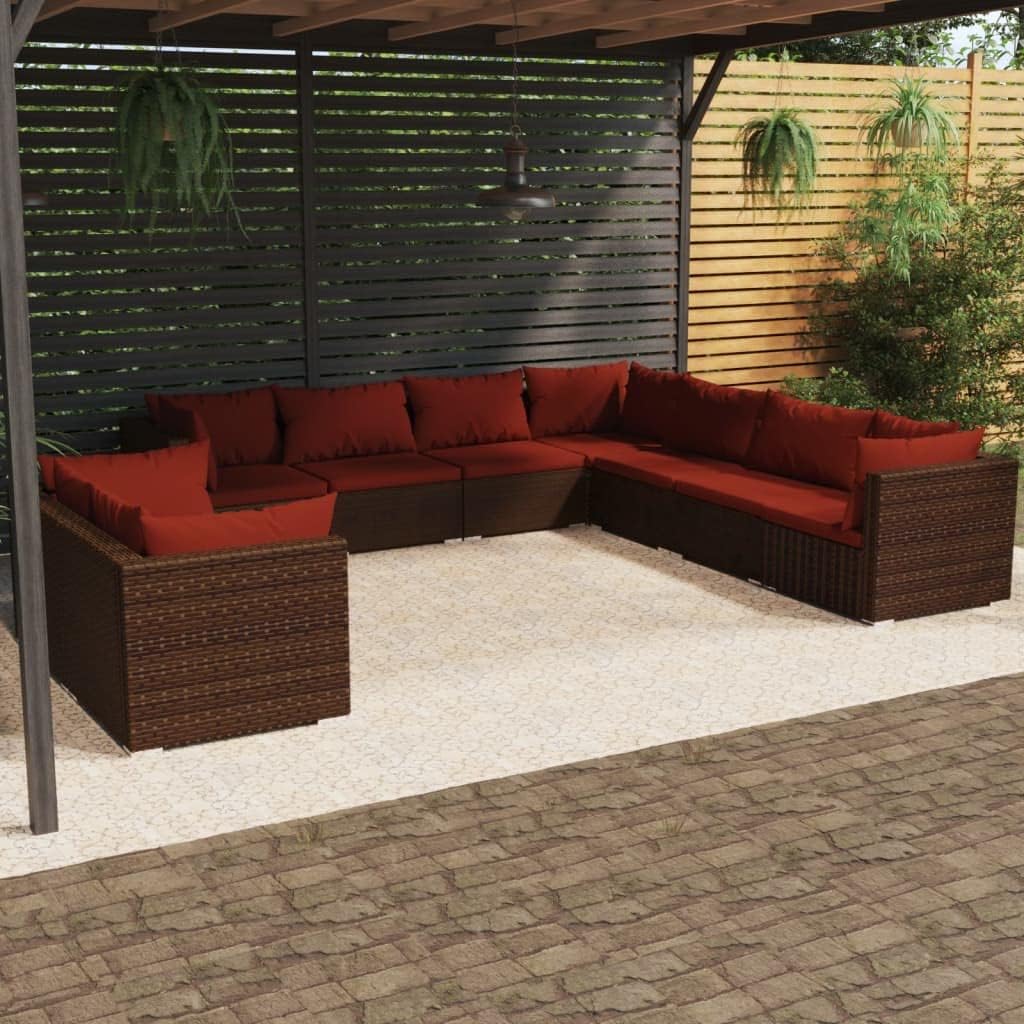 9 Piece Patio Lounge Set with Cushions Brown Poly Rattan,Elegant Rattan Patio Lounge Set: Comfort and Durability for Outdoor Relaxation Patio Furniture Sets, Outdoor Furniture Sets