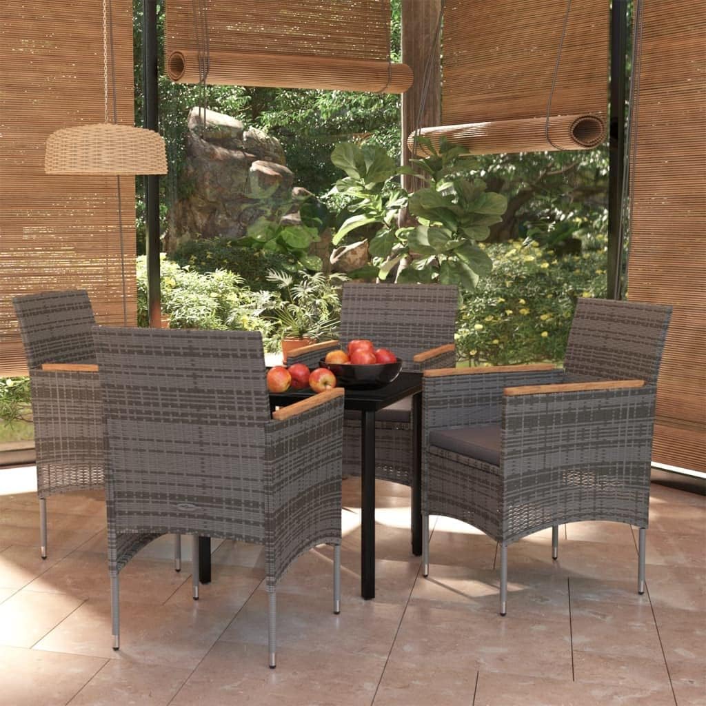 5 Piece Outdoor Dining Set for Patio, Grey PE Rattan Wicker, Square Glass Top Table, 4 Chairs with Cushions, Balcony Furniture