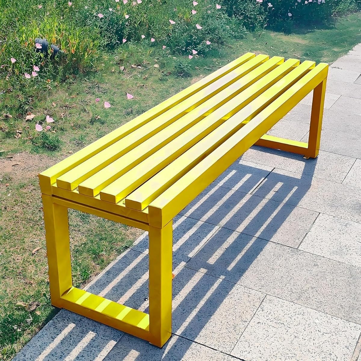 Weatherproof Metal Outdoor Bench, 5.9ft Backless Cast Iron Patio Furniture for Garden, Park, Lawn, Front Porch - Durable Yellow Garden Seating