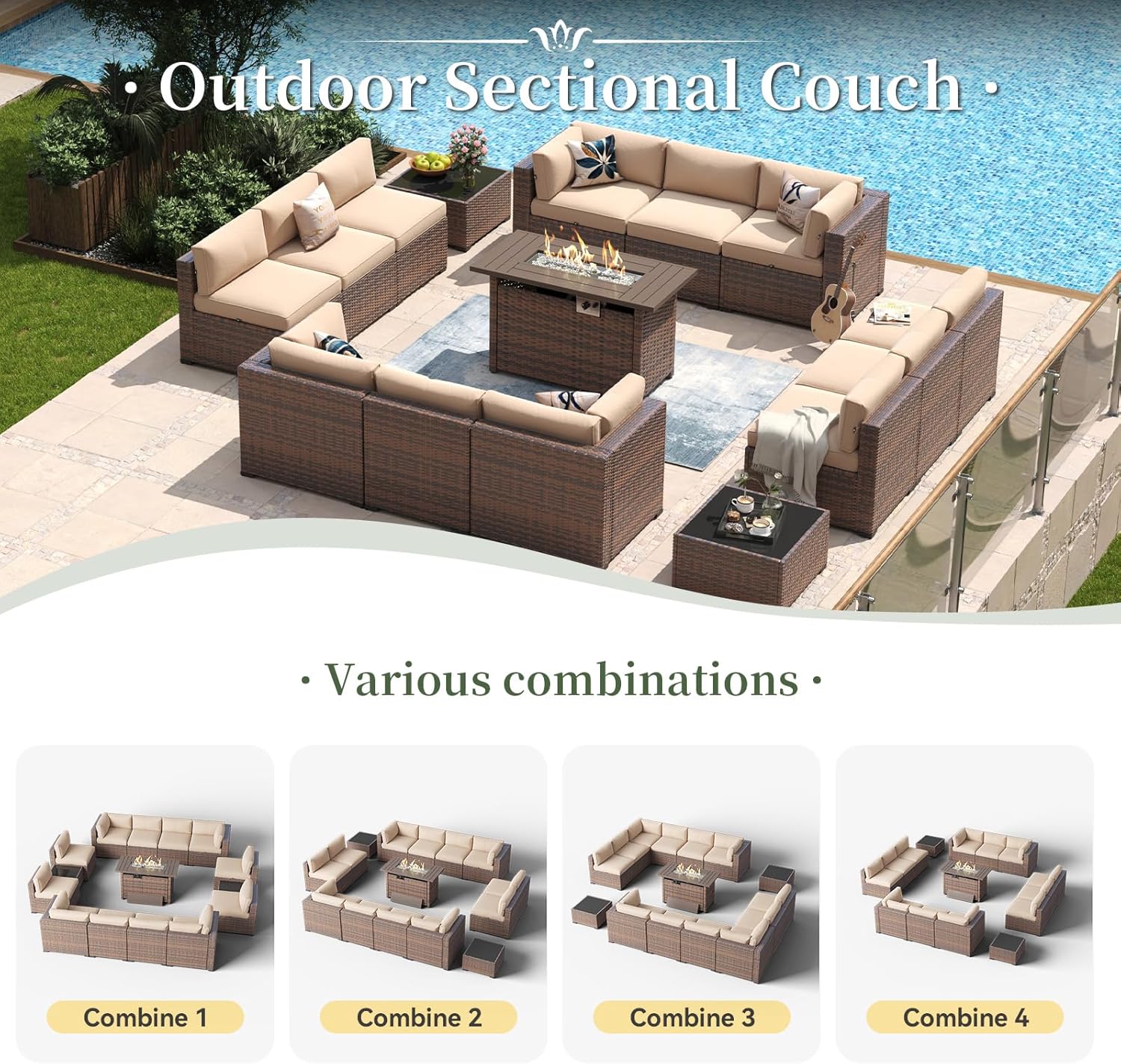 Aoxun 15 Piece Patio Furniture Set with 44” Fire Pit Table Wicker Rattan Outdoor Sectional Sofa Set with Coffee Table and Thickened Cushions, Beige (Waterproof Cover Included)