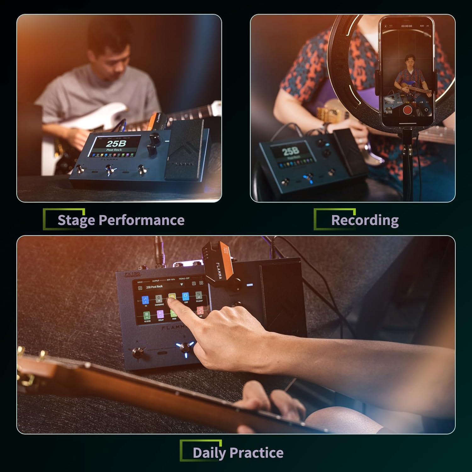 FLAMMA FX150 Multi Effects Processor Electric Guitar Pedal with Amp Modelling Cabinet Simulation Global EQ Touchscreen 160 Built-in Effects 180 Editable User Effects Slots Looper Main I/O Ports