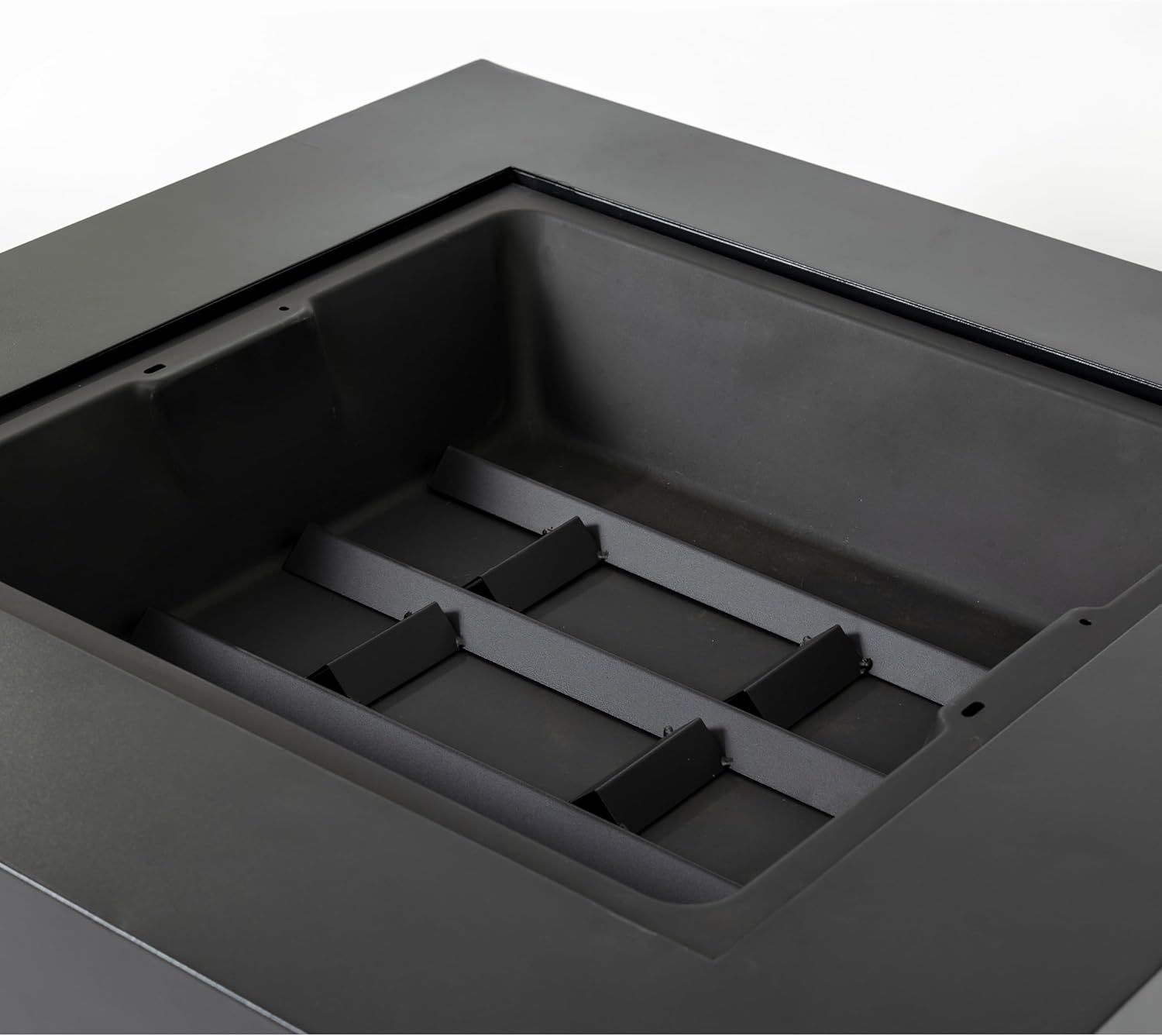 Black 36x24 inch Steel Fire Pit Table with Woven Pattern Detailing Durable Construction for All Weather Wood Burning Enjoyment