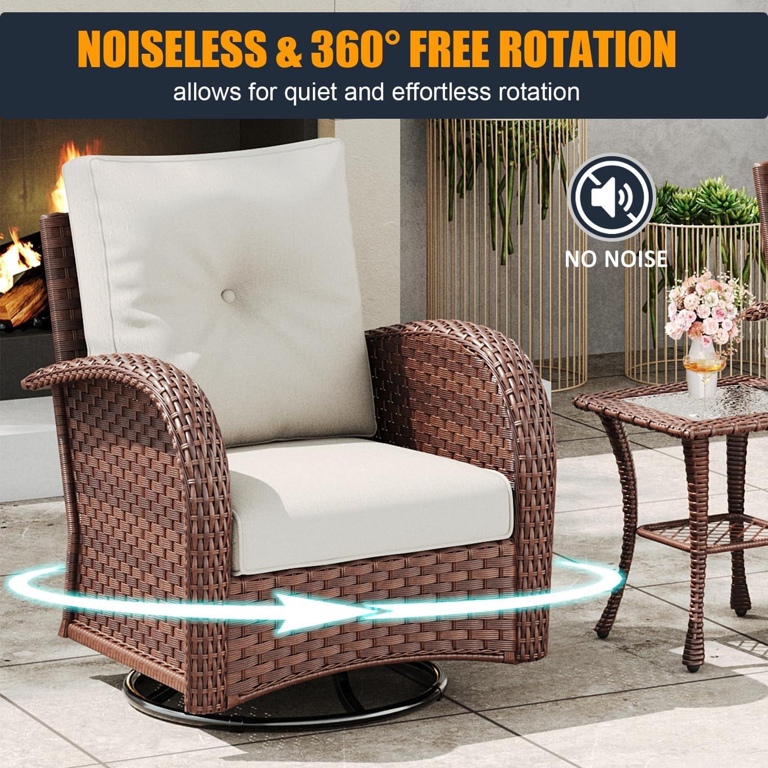 7 Pieces Outdoor Wicker Patio Swivel Rocking Chairs, All Weather Wicker Conversation Set with 44