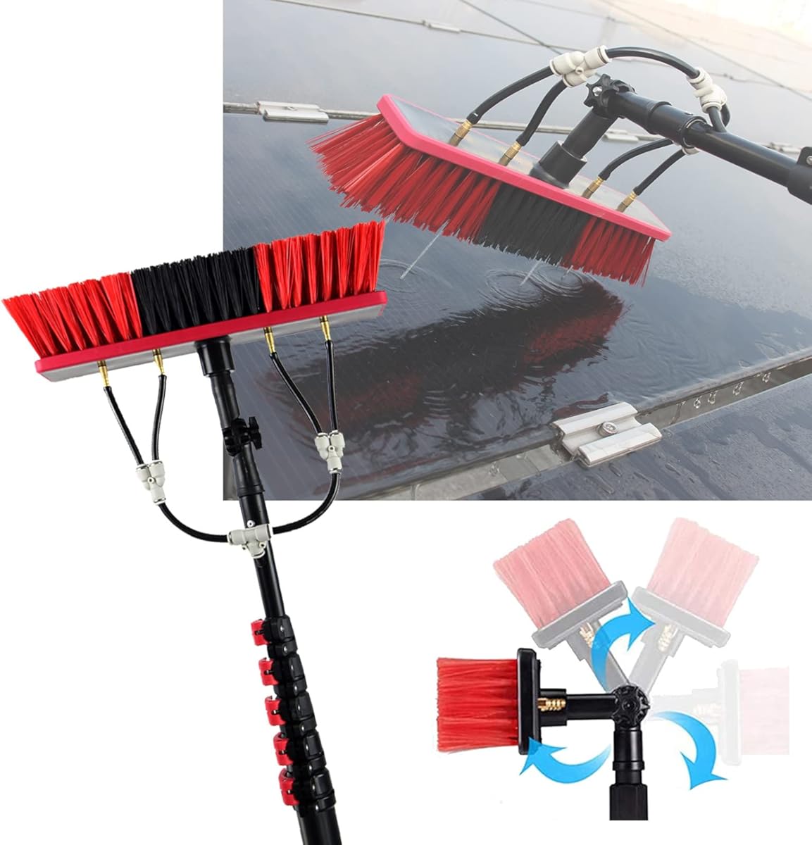 Solar Panel Cleaning Brush and Adjustable Pole, Water Fed Pole Window Cleaning Kit Car Cleaning Equipment with Rotating Brush Head,6m/20ft