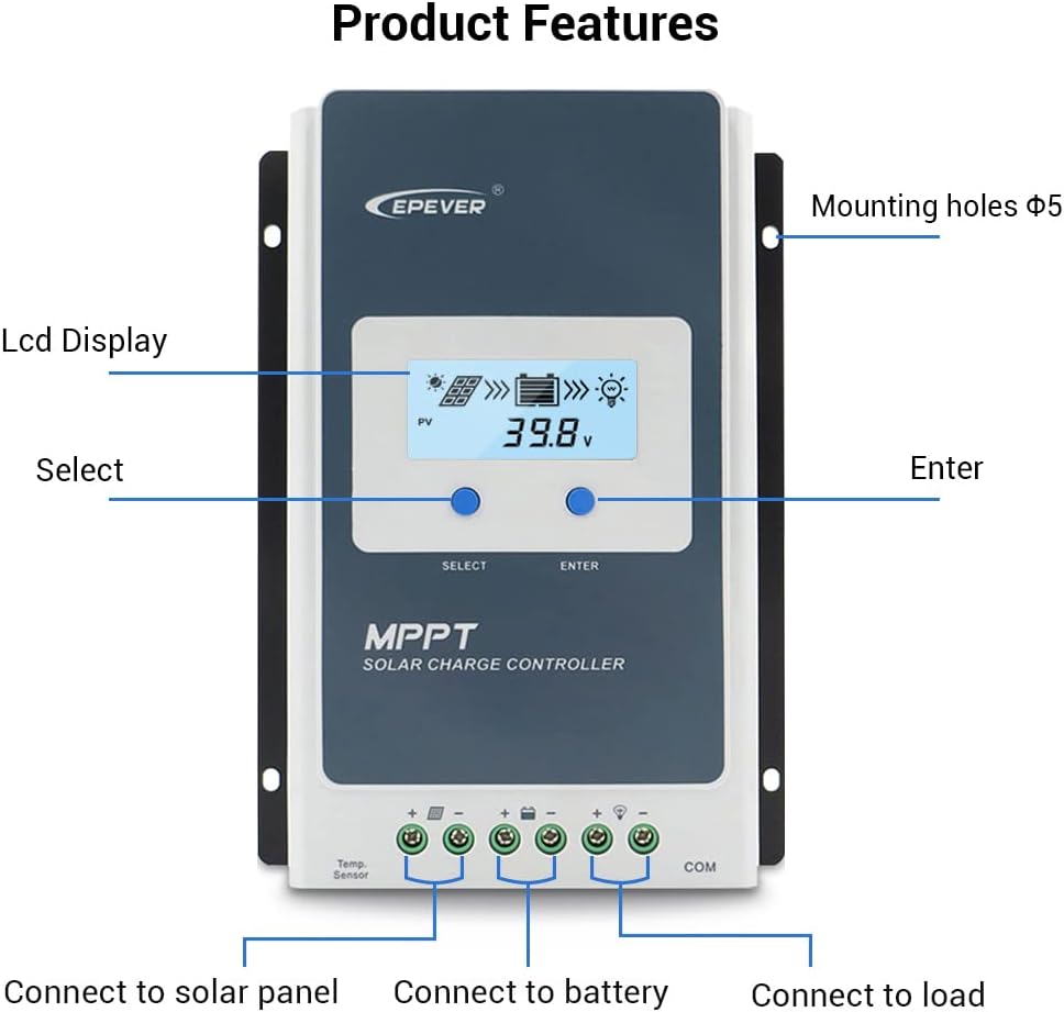 EPEVER 40A Solar Charge Controller MPPT 12V / 24V Auto Max.PV 100V Input Negative Ground Solar Panel Charge Regulator with MT50 Remote Meter Temperature Sensor RTS & PC Communication Cable RS485
