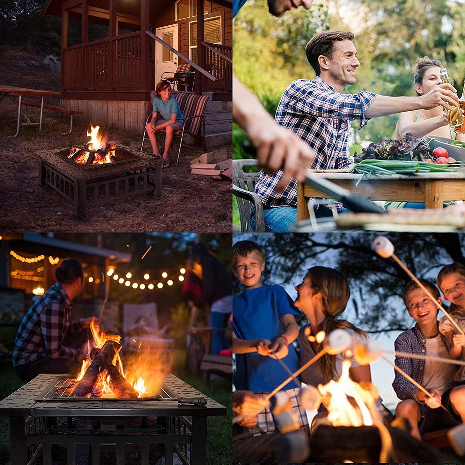 Garden Fire Pit Grill Bowl Grill Barbecue Rack 32In Fire Pit Outdoor Wood Burning Bonfire Stove Durable Metal Square Brazier Tabletop Fireplaces with Mesh Screen Lid Accessories Backyard