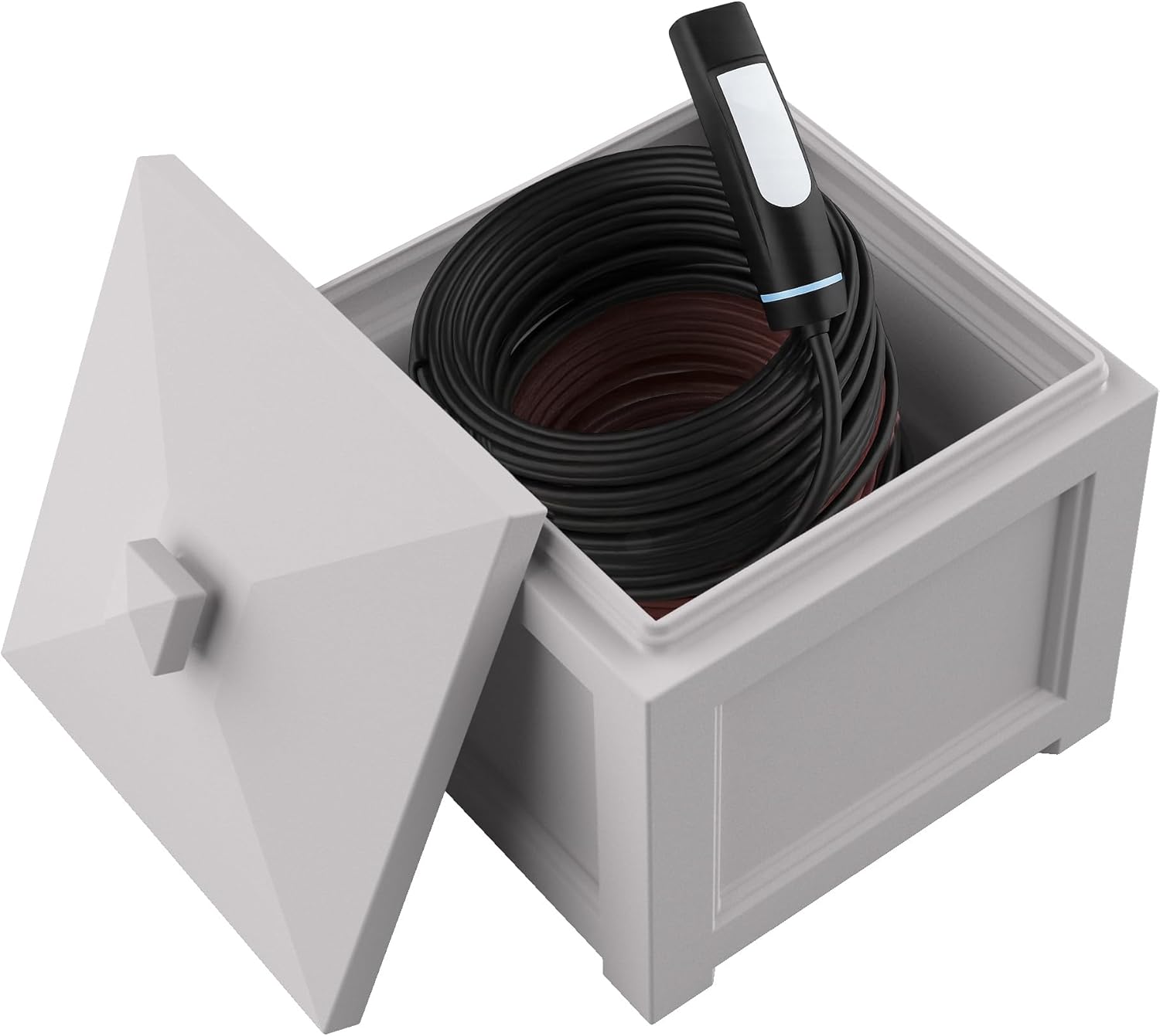 Mayne Heavy Duty Cable Storage Solution for Home & Garage, Lightweight & Functional Outdoor Storage Bin with Lid, Stylish Cable Organizer and EV Charger Storage, White