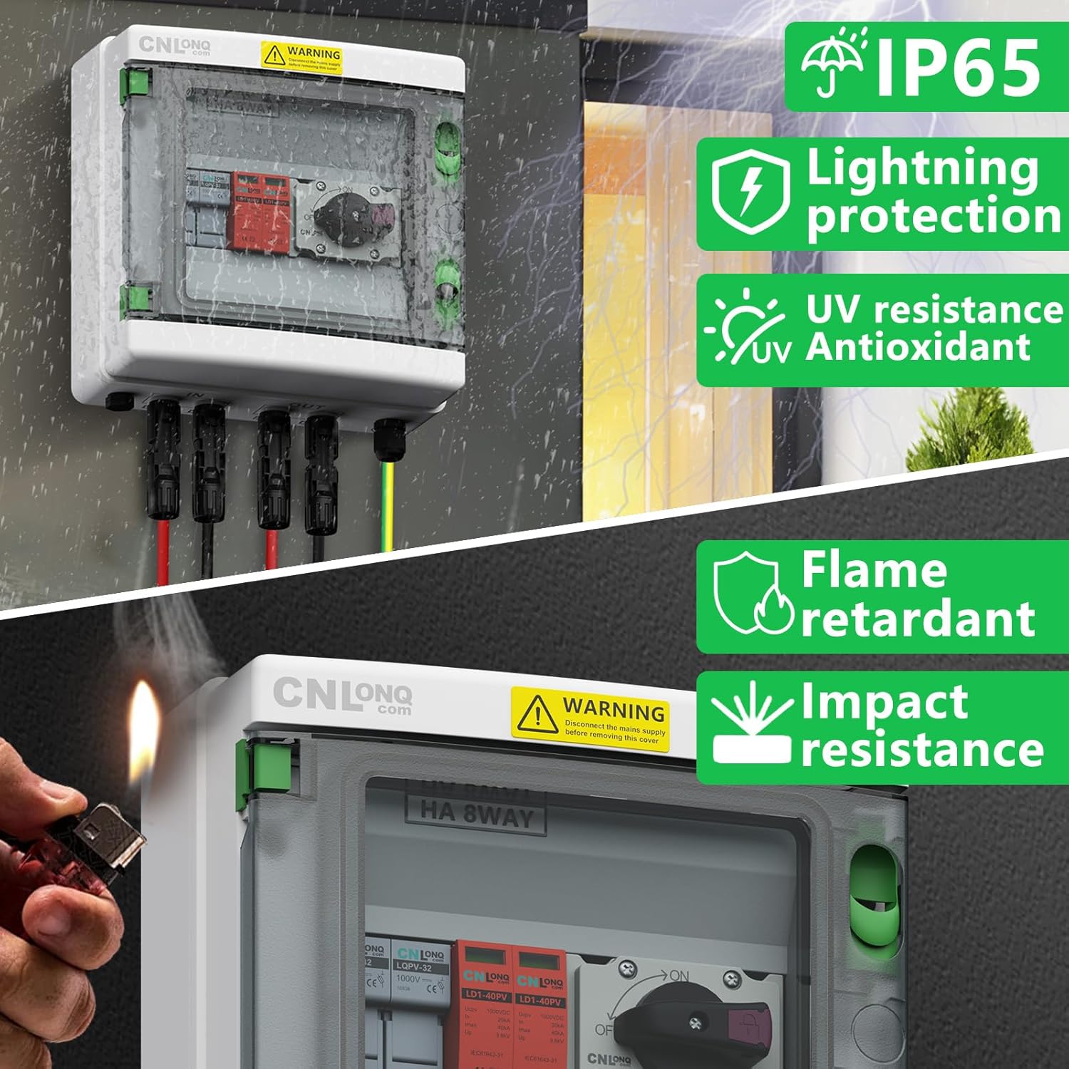IP65 Solar PV Combiner Box DC1000V 32A Circuit Breaker with 10pcs Fuse Link 20A & Surge Protector and 15A PV Fuses, 1in 1out Disconnect Switch Outdoor Waterproof for Solar Panels System