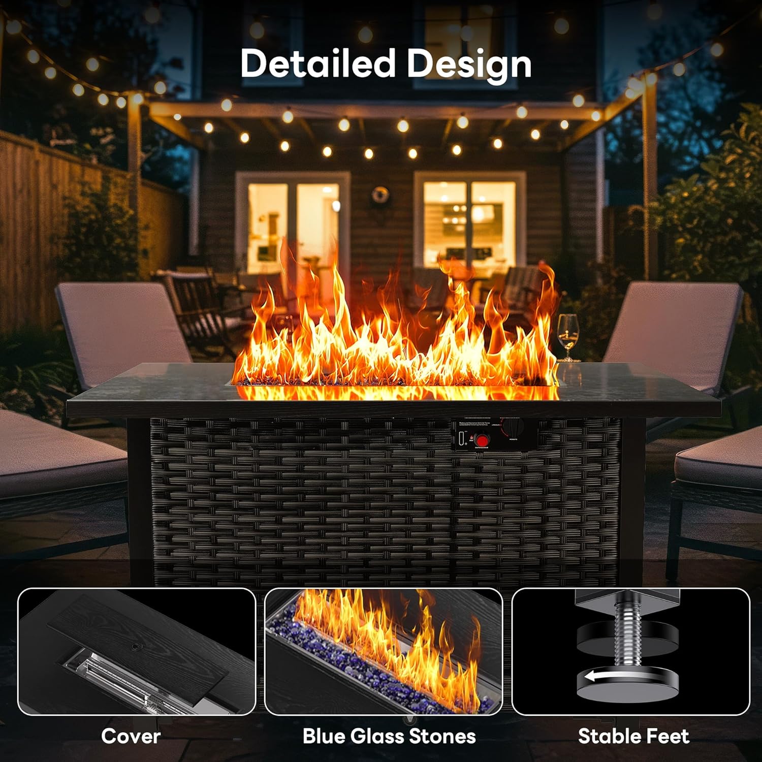 43” Outdoor Propane Fire Pit Table, 50,000 BTU Square Rattan Gas Fire Pit with Lid & Blue Crystal Stones, Steel Tabletop, Adjustable Flame, 4-in-1 FirePit Table for Patio, Backyard, Outdoor Gatherings