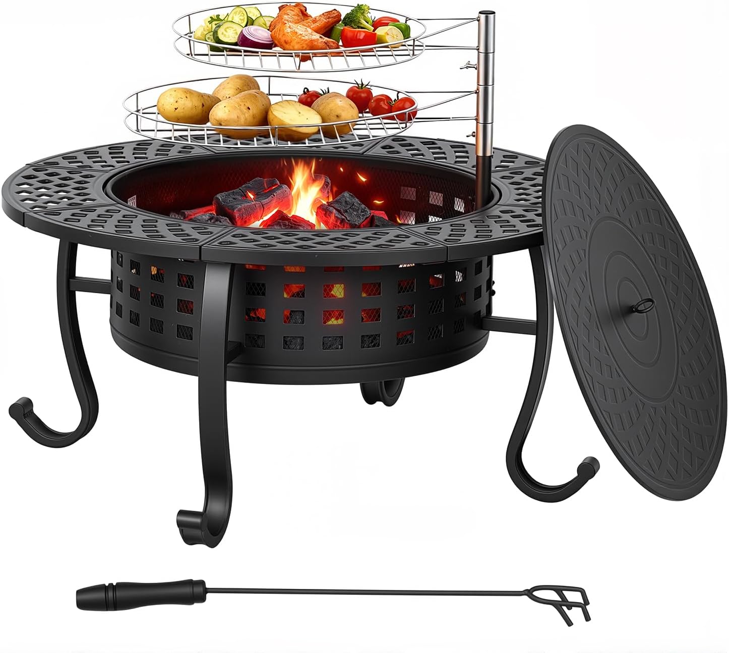 FDW 36 Inch Fire Pit with 2 Adjustable Grills, Wood Burning Outdoor Fire Pit with Lid, Poker & Waterproof Cover, 3-in-1 Fire Pit Table for BBQ, Bonfire & Patio Dining