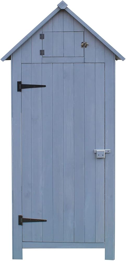 Hanover Wood Outdoor Storage Shed with Shelves and Lock, 8.7 cu. ft. Capacity, Vertical Tool Shed, Light Blue, Waterproof Roof and Floor