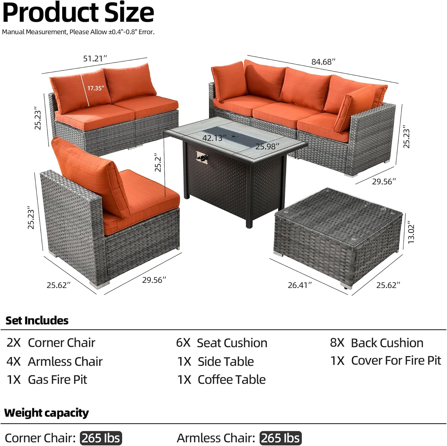 8 Pieces Outdoor Patio Furniture Sets,Rattan Conversation Sectional Set,Manual Weaving Wicker Patio Sofa with fire Pit