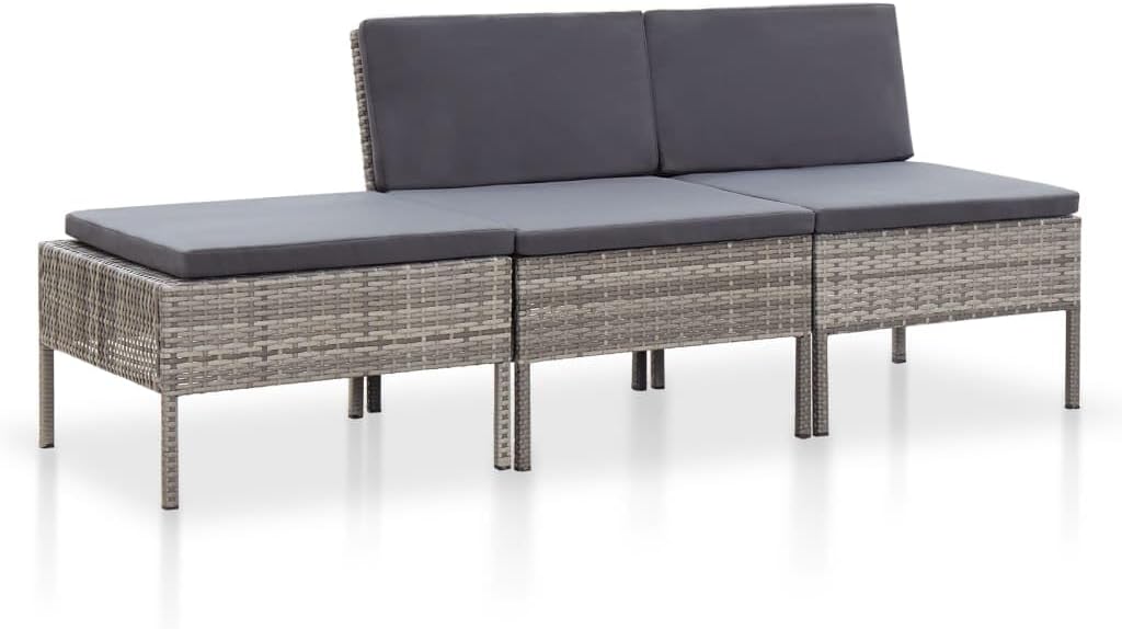 3-Piece Garden Lounge Set, Grey PE Rattan Outdoor Patio Furniture, Modular Balcony Seating, Weather-Resistant Sofa with Cushions, Durable Steel Frame for Deck