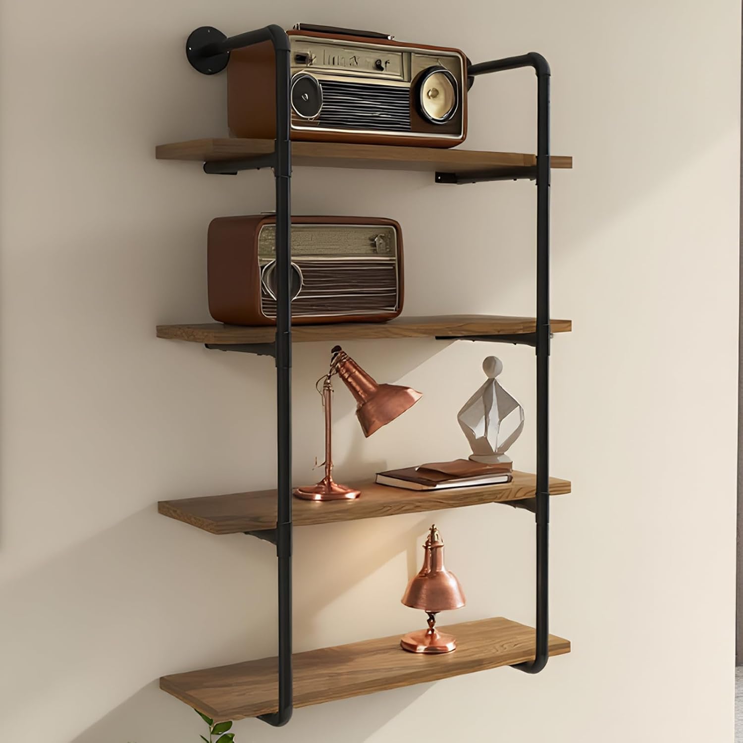 5-Tier Vintage Book Shelf, Industrial Style Display Shelving Unit, Metal and Wood Rustic Brown Bookshelves, Farmhouse Open Book Shelves for Living Room Bedroom Home Office (4-Tier)