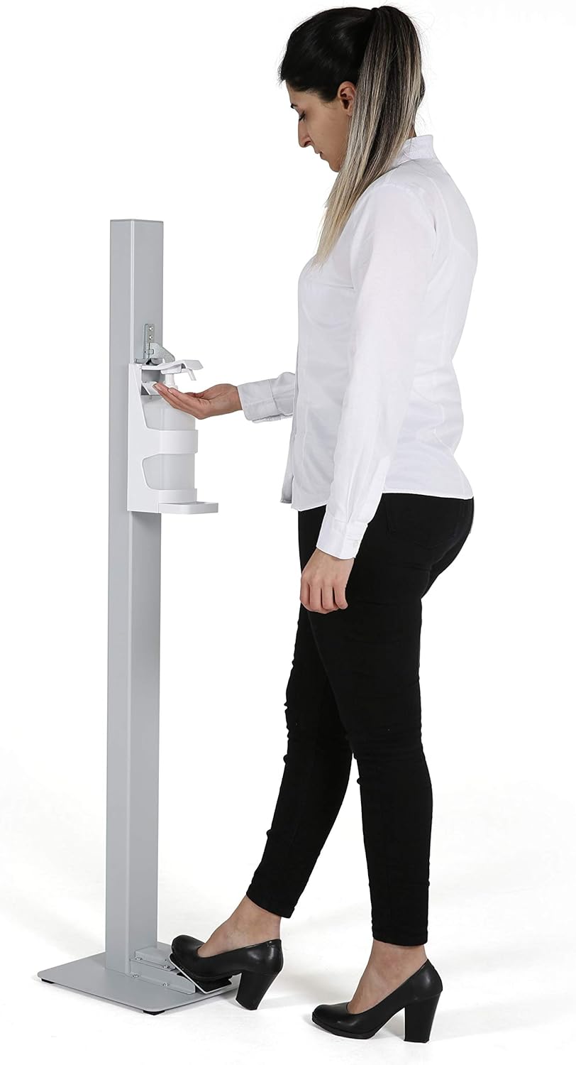 M&T Displays Basic Hand Sanitizer Dispenser Station Gray Handsfree Touchless Foot Operated Refillable 1000 mL. (33.8 oz.) for Liquid/Lotion Soap Sanitizing Products Floor Standing Commercial