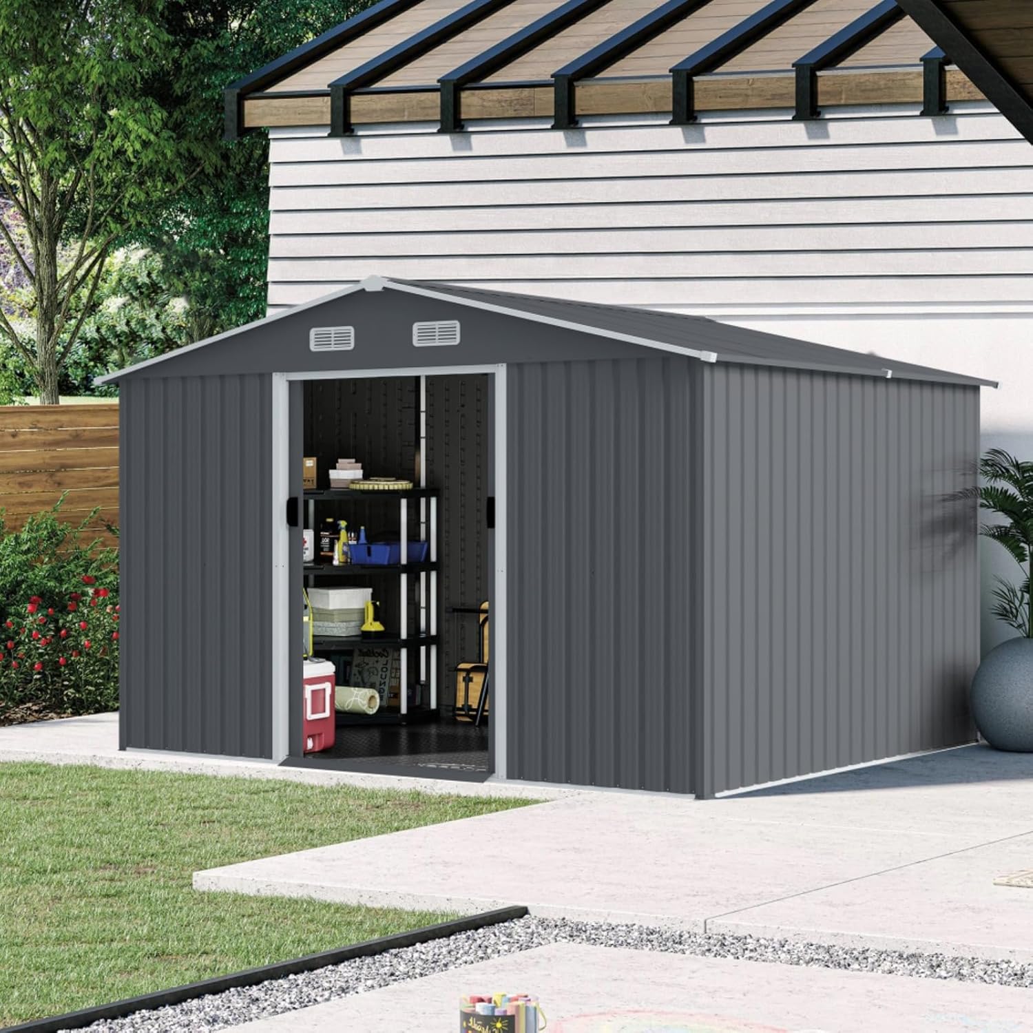 Outdoor Storage Shed 8 x 12 FT Large Metal Tool Sheds, Heavy Duty Storage House with Sliding Doors with Air Vent for Backyard Patio Lawn to Store Bikes, Tools (Grey)
